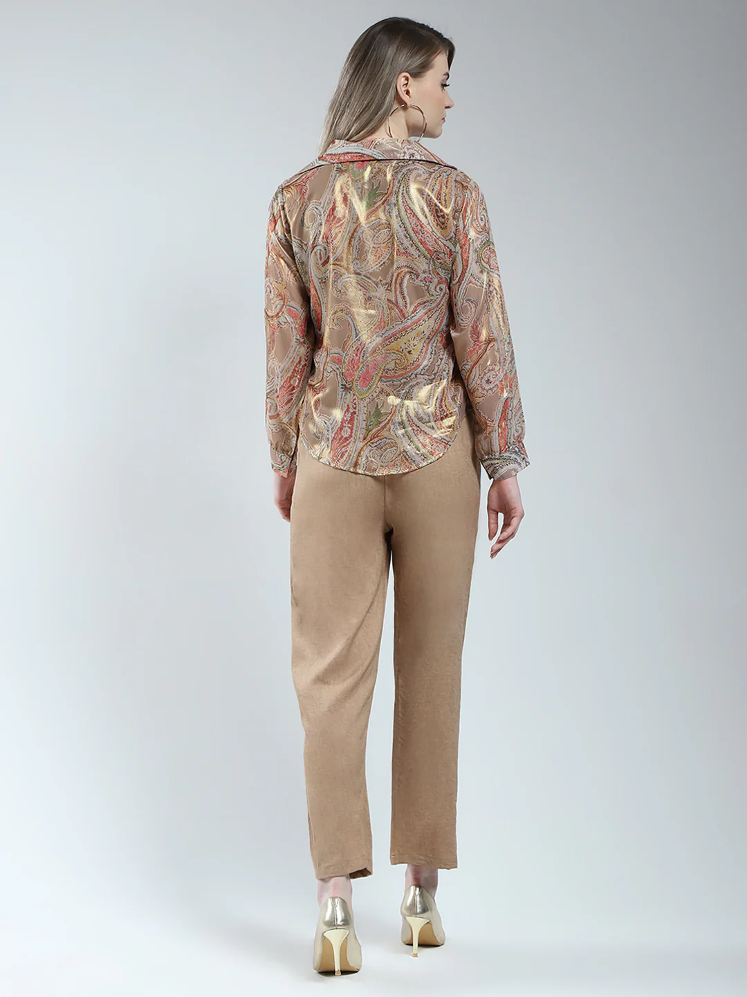 Women Brown Printed Collar Full Sleeve Cords Set - Image 5