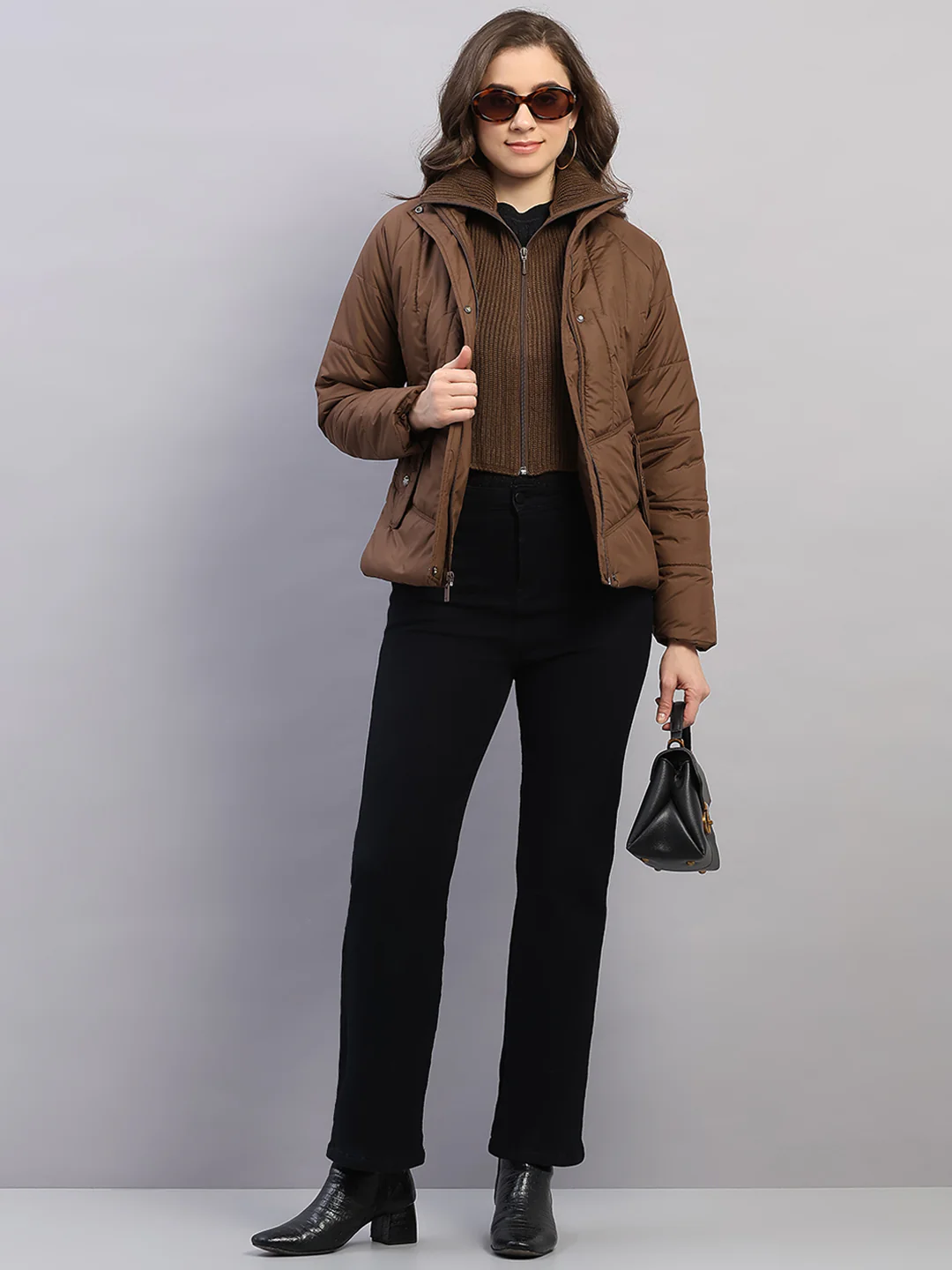 Women Brown Printed Collar Full Sleeve Jacket - Image 2