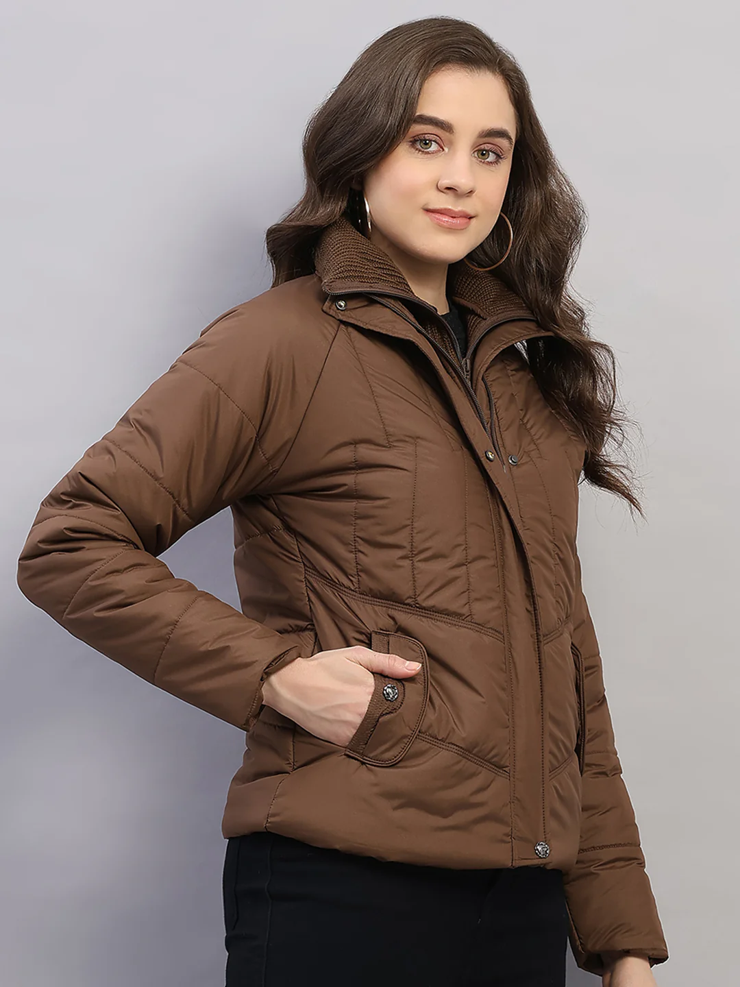 Women Brown Printed Collar Full Sleeve Jacket - Image 4