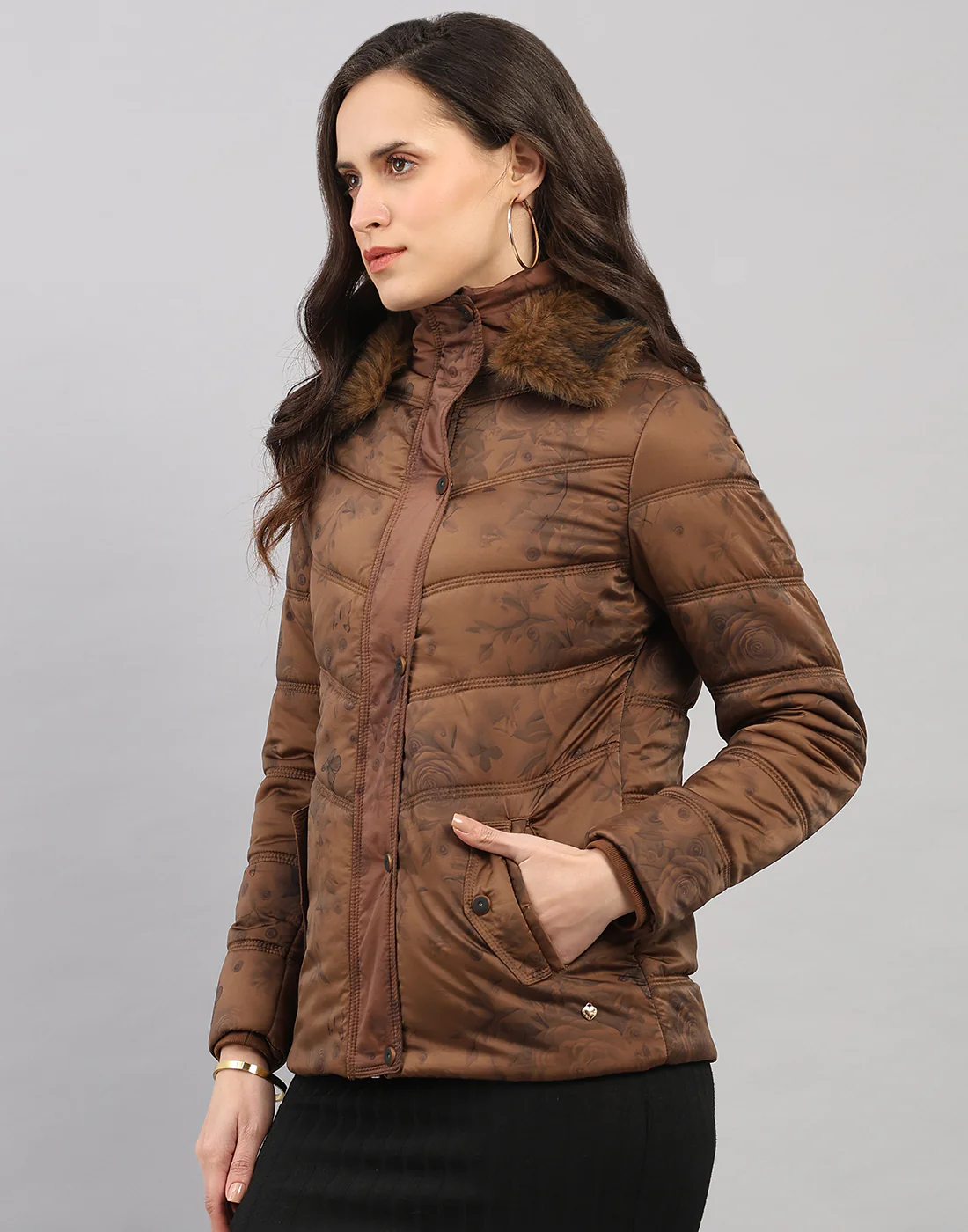 Women Brown Printed Collar Full Sleeve Jacket - Image 2