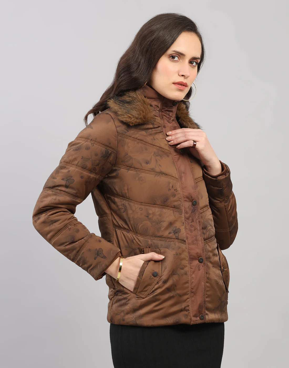 Women Brown Printed Collar Full Sleeve Jacket - Image 3