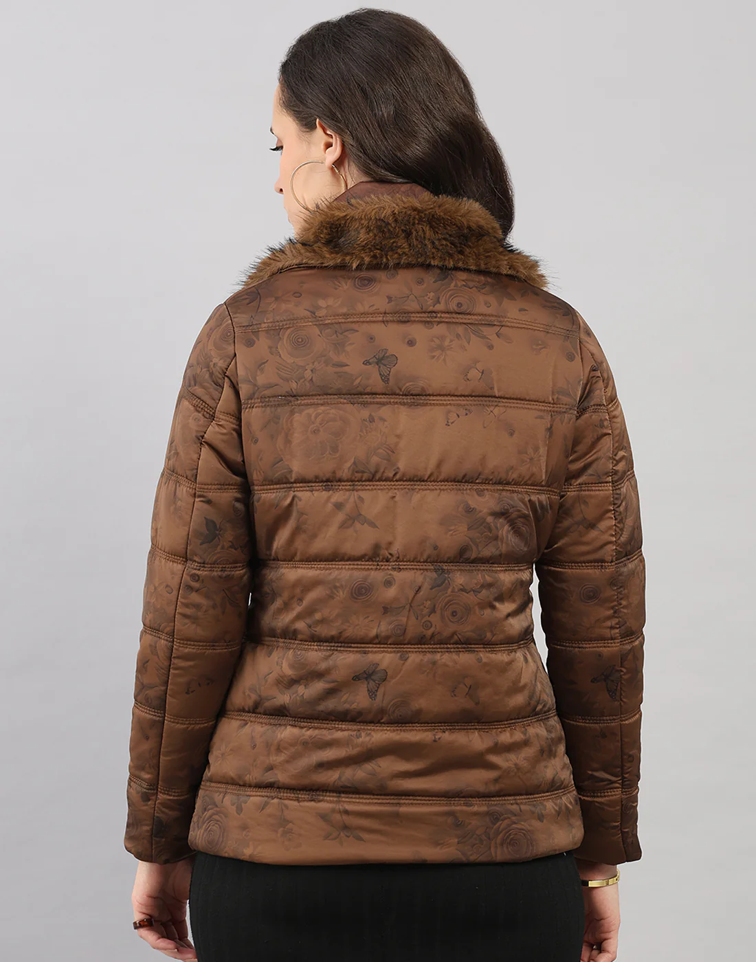 Women Brown Printed Collar Full Sleeve Jacket - Image 4