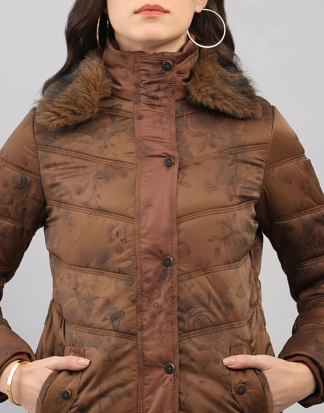 Women Brown Printed Collar Full Sleeve Jacket - Image 6