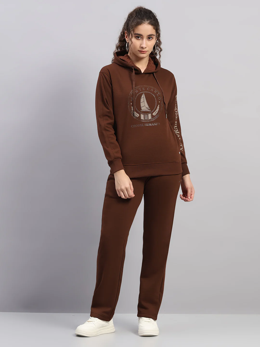 Women Brown Printed Hooded Full Sleeve Cords Set - Image 2
