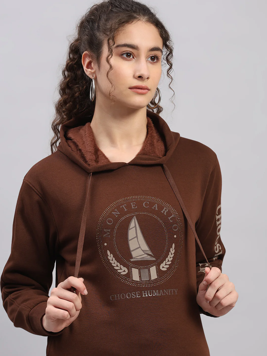 Women Brown Printed Hooded Full Sleeve Cords Set - Image 3