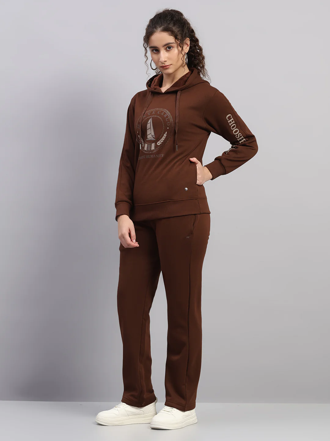 Women Brown Printed Hooded Full Sleeve Cords Set - Image 4