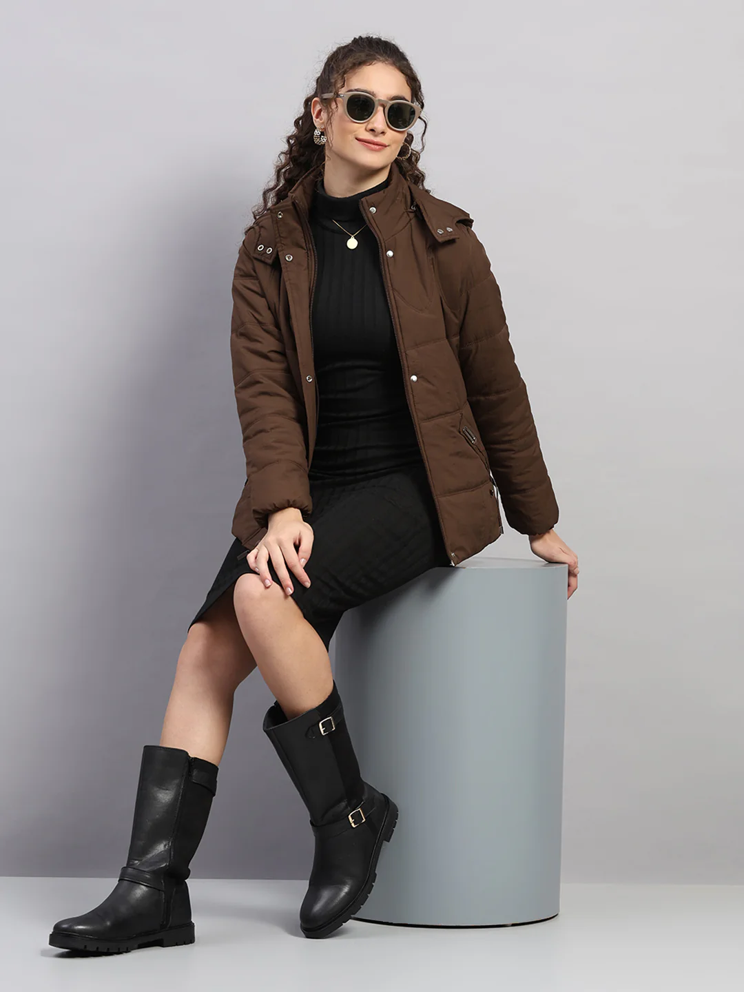 Women Brown Printed Hooded Full Sleeve Jacket - Image 2