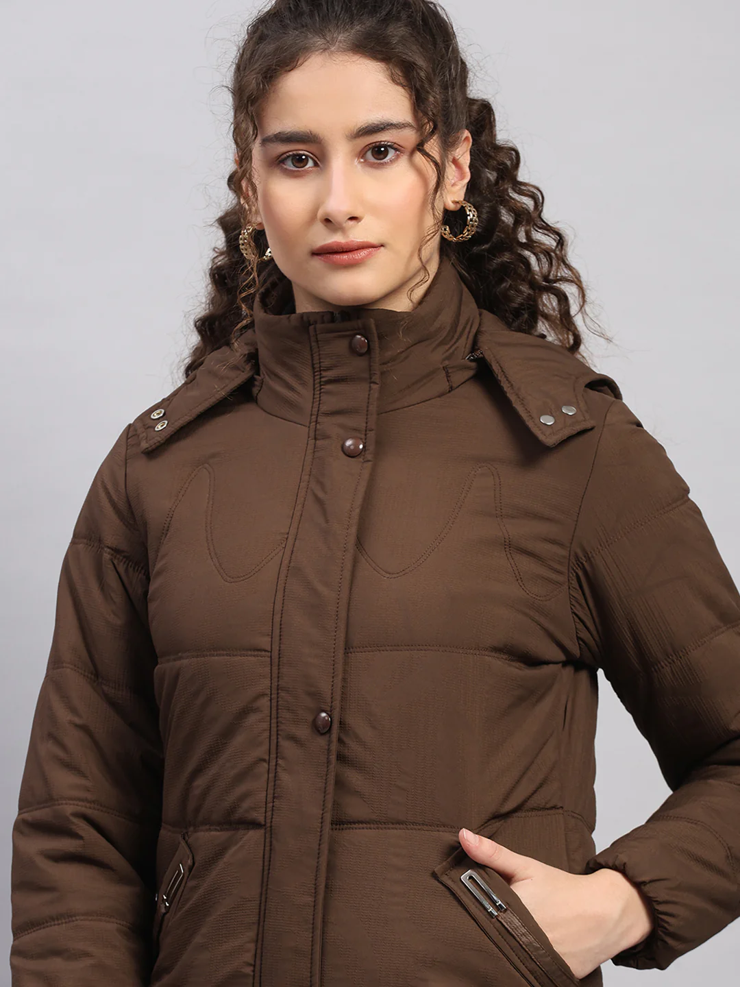 Women Brown Printed Hooded Full Sleeve Jacket - Image 6