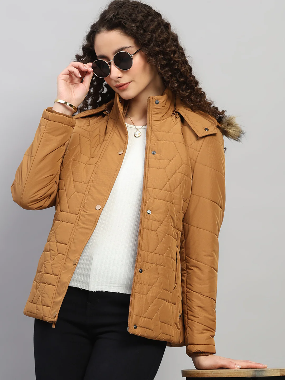 Women Brown Printed Hooded Full Sleeve Jacket - Image 6