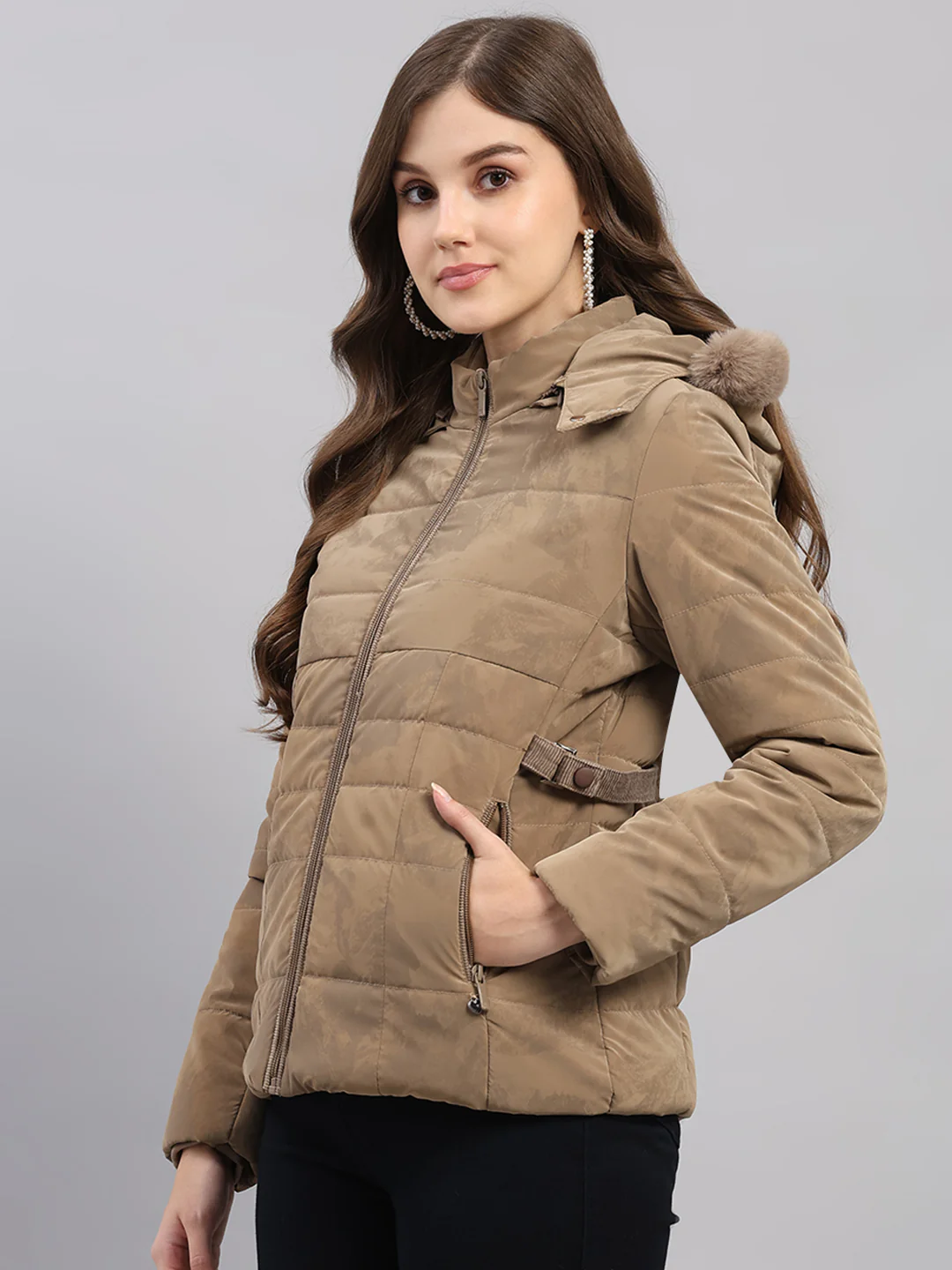 Women Brown Printed Hooded Full Sleeve Jacket - Image 3