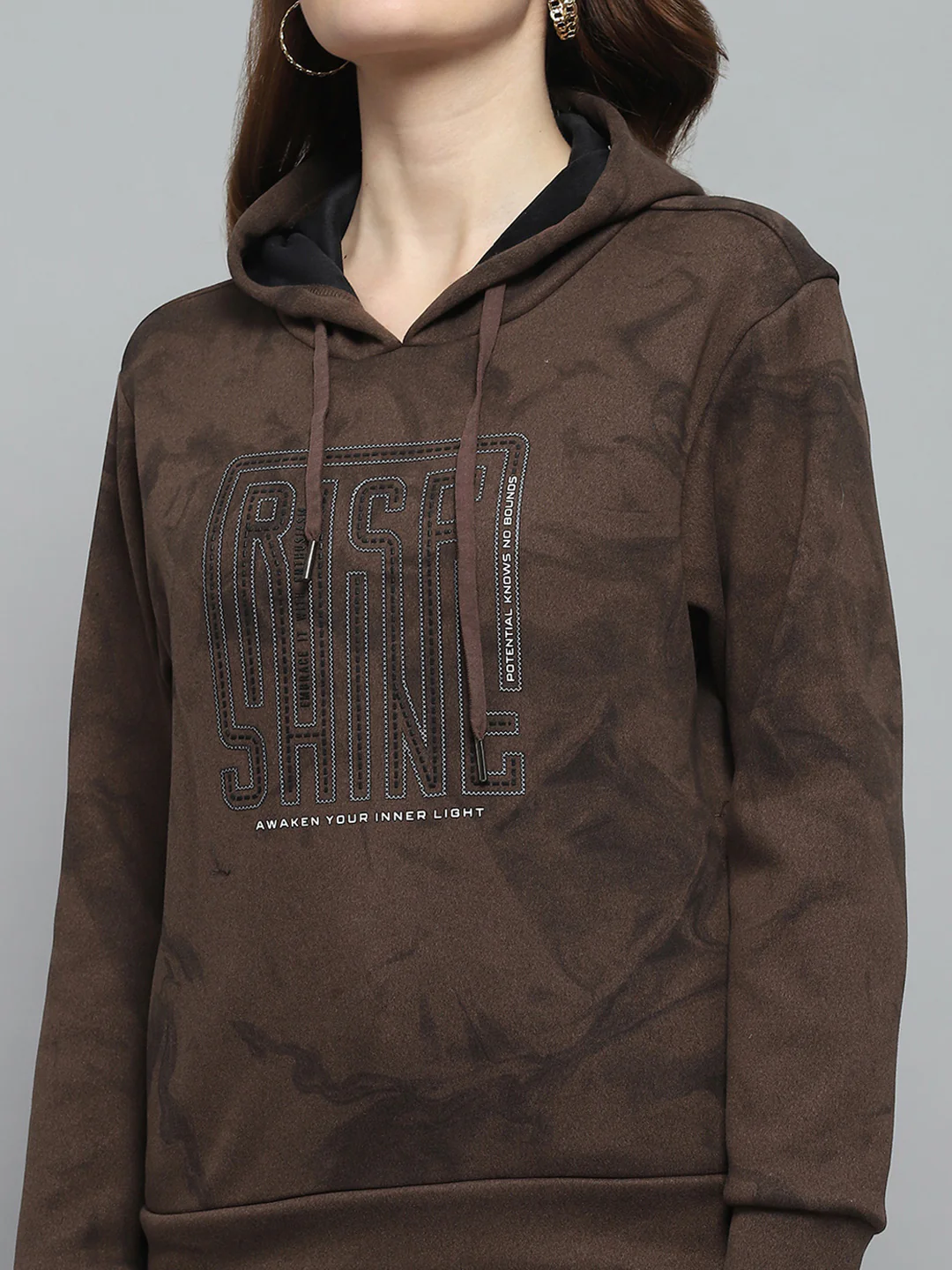Women Brown Printed Hooded Full Sleeve Sweatshirt - Image 6
