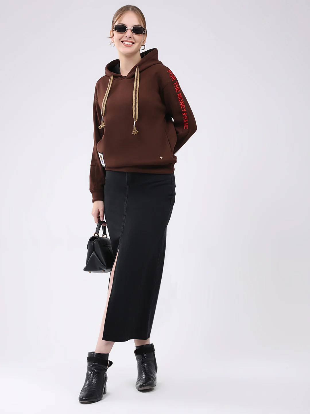 Women Brown Printed Hooded Full Sleeve Sweatshirt - Image 2