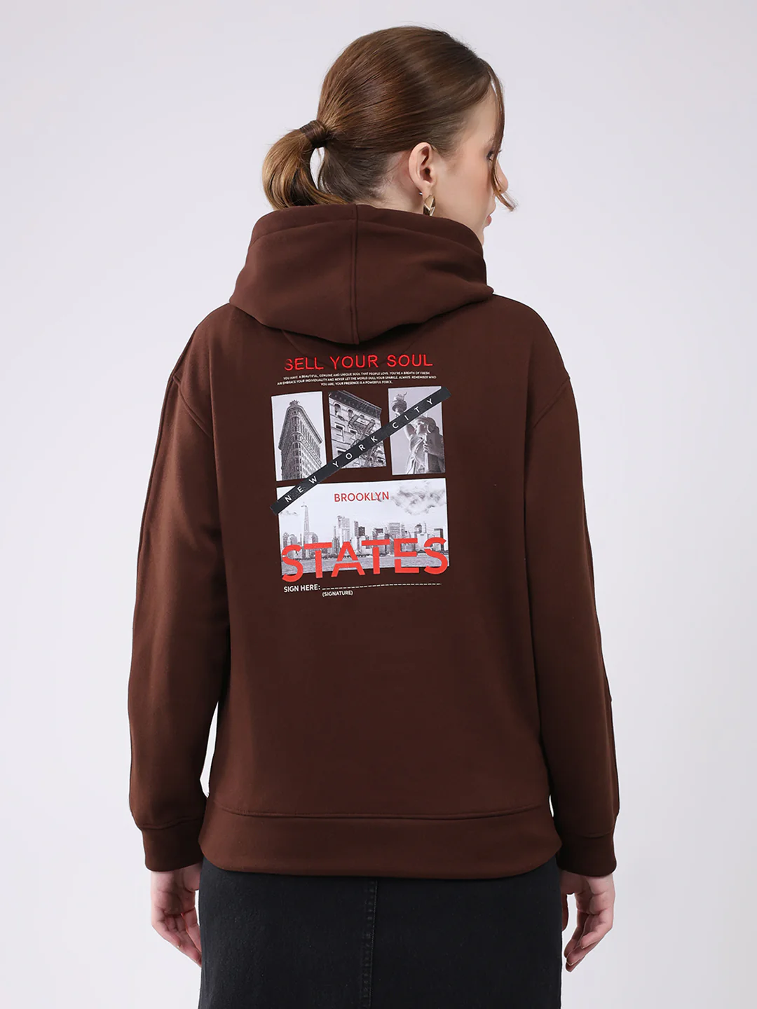 Women Brown Printed Hooded Full Sleeve Sweatshirt - Image 5