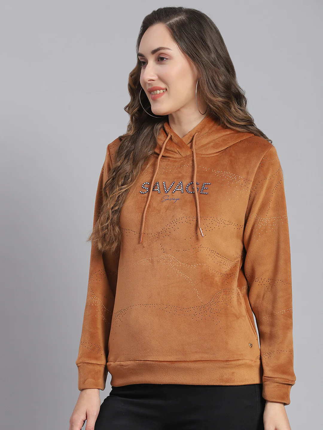 Women Brown Printed Hooded Full Sleeve Sweatshirts - Image 3