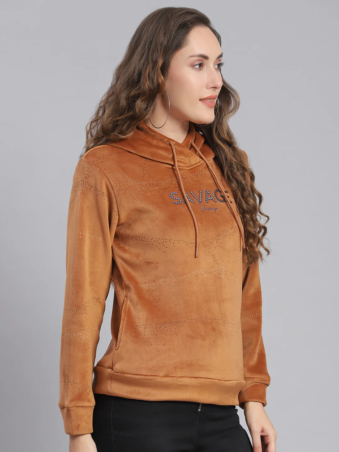 Women Brown Printed Hooded Full Sleeve Sweatshirts - Image 4