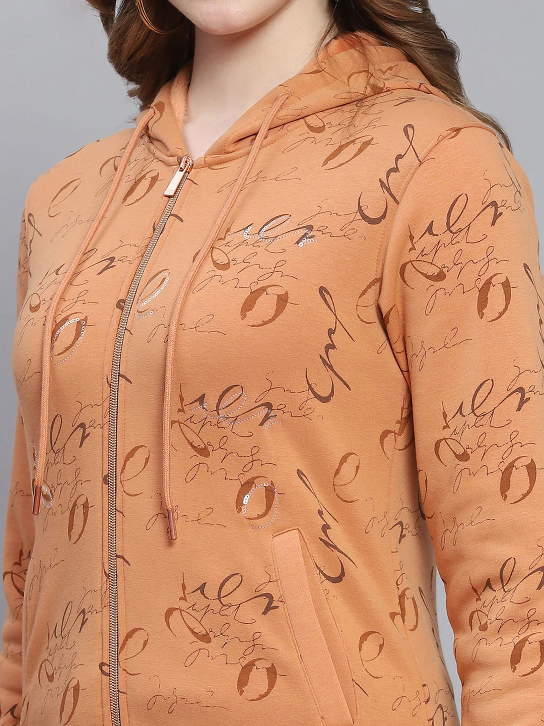 Women Brown Printed Hooded Full Sleeve Sweatshirts - Image 6
