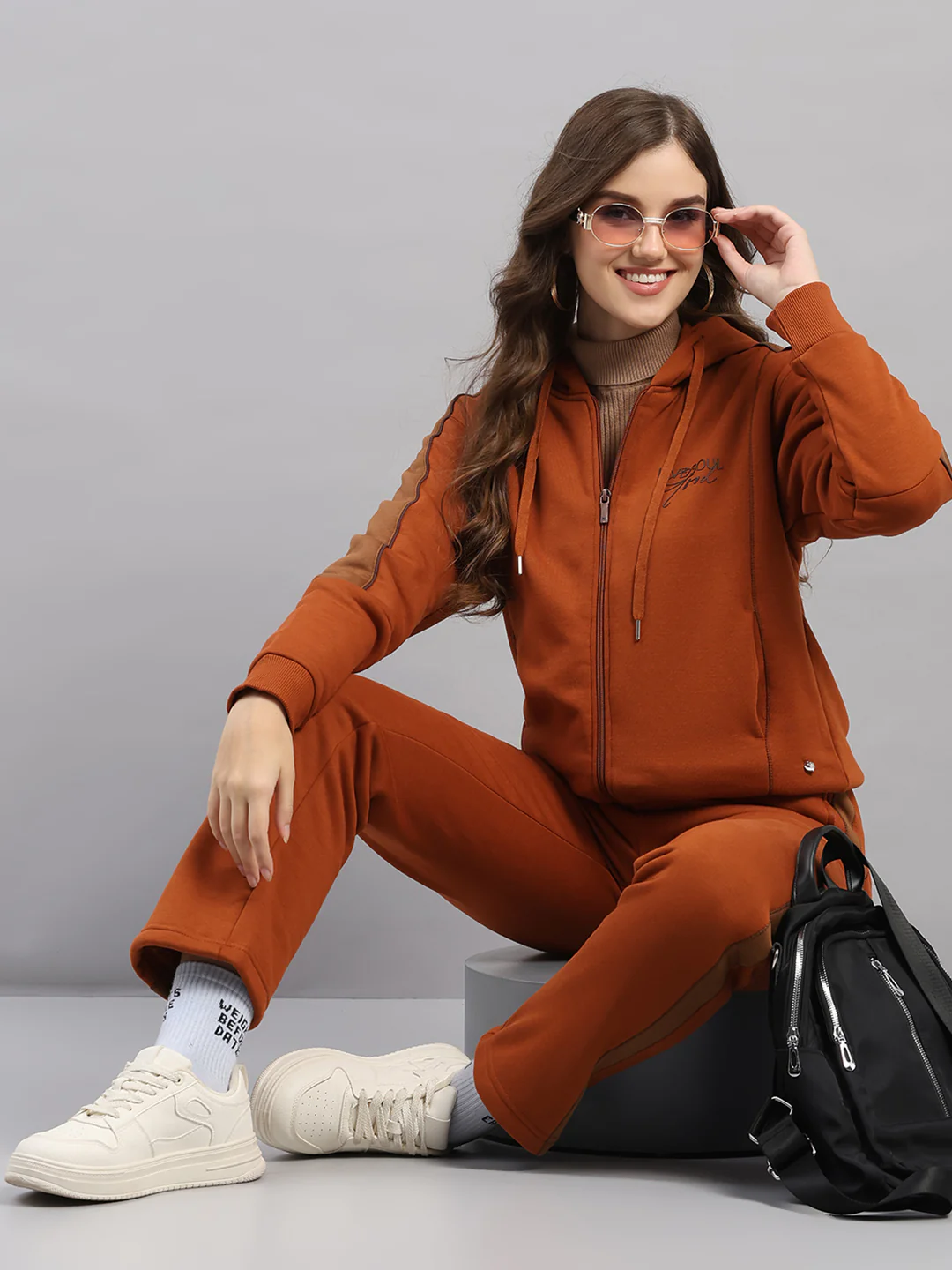 Women Brown Printed Hooded Full Sleeve Winter Tracksuit - Image 2