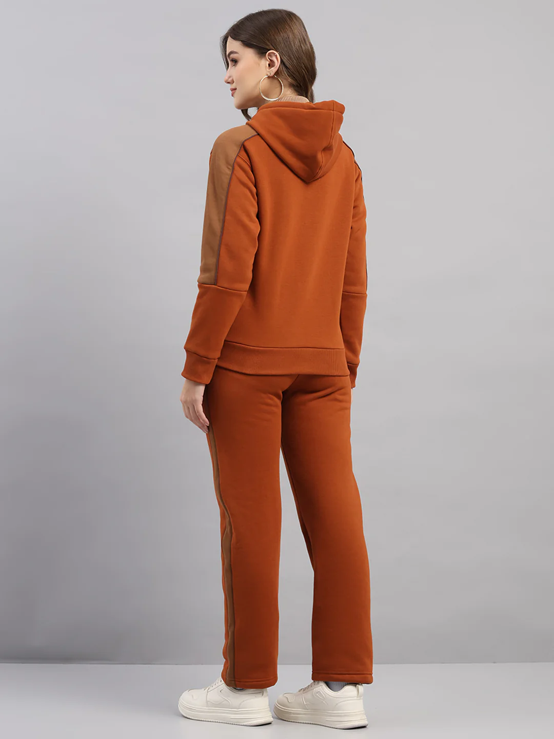 Women Brown Printed Hooded Full Sleeve Winter Tracksuit - Image 5
