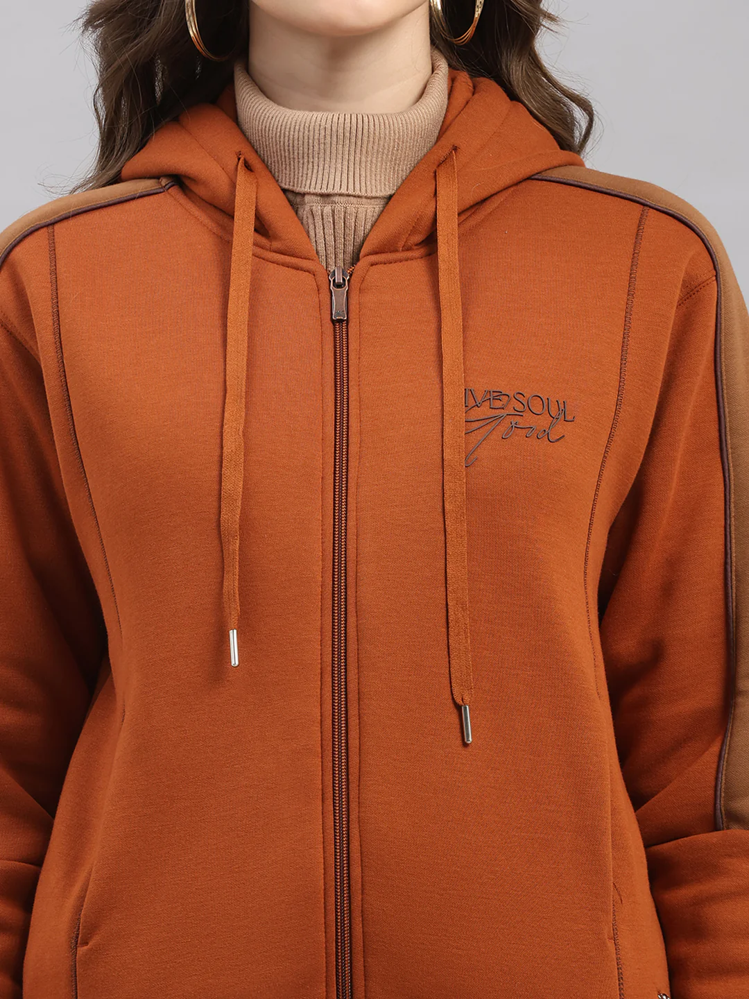 Women Brown Printed Hooded Full Sleeve Winter Tracksuit - Image 8