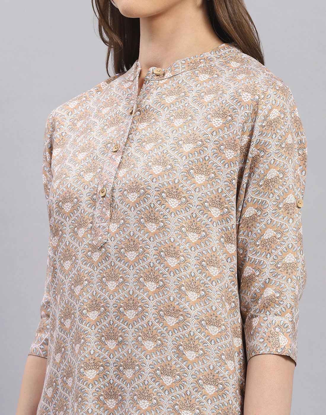 Women Brown Printed Mandarin Collar 3/4 Sleeve Top - Image 6