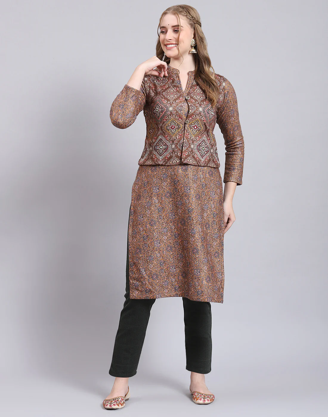 Women Brown Printed Mandarin Collar Full Sleeve Kurtis Set - Image 3