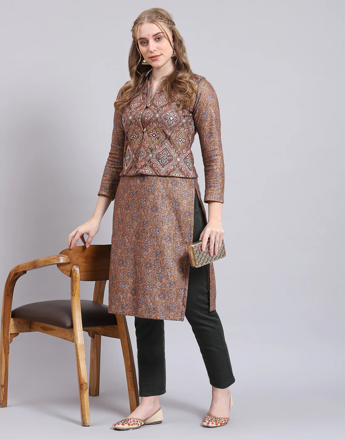 Women Brown Printed Mandarin Collar Full Sleeve Kurtis Set - Image 7