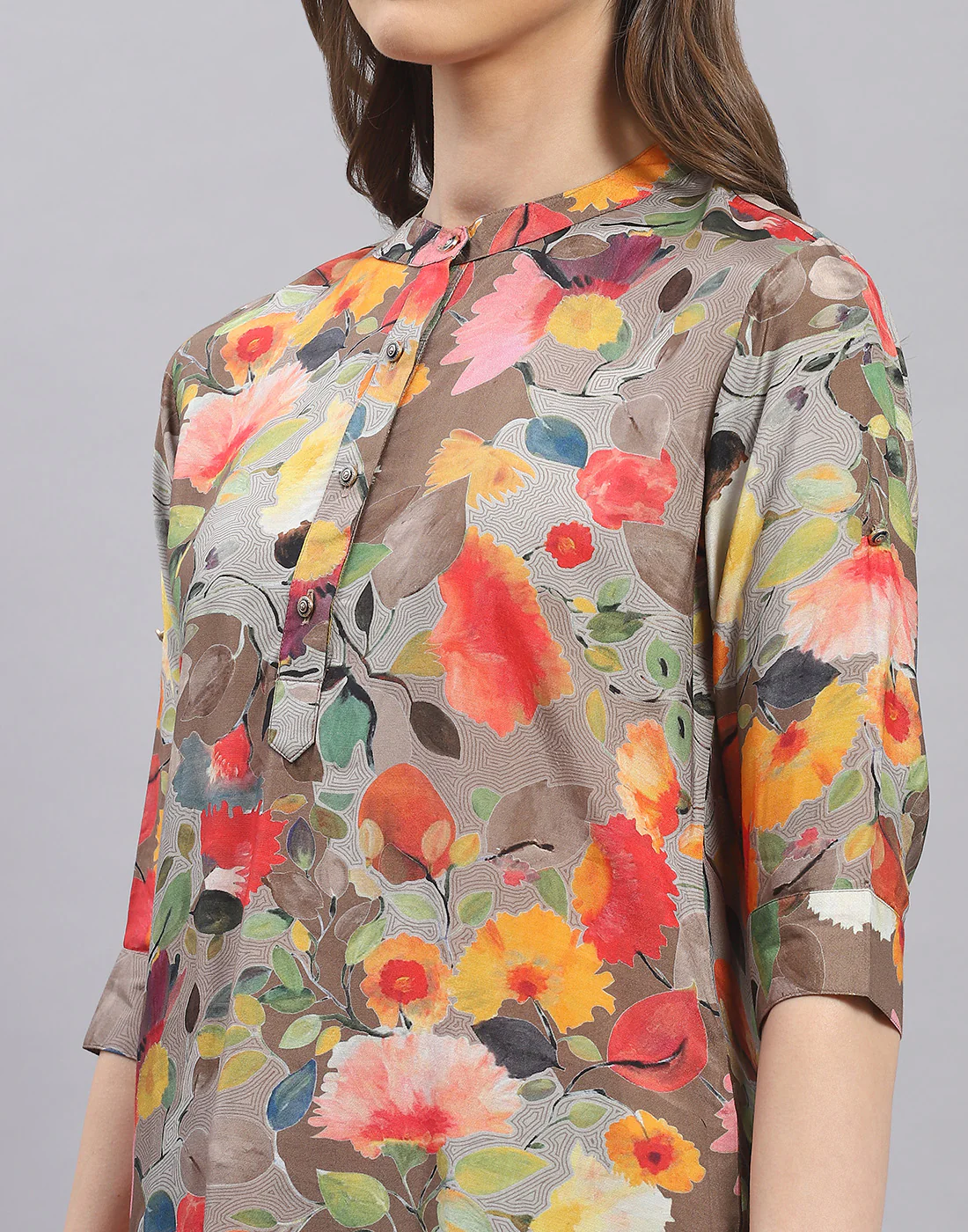 Women Brown Printed Mandarin Collar Half Sleeve Cords Set - Image 6