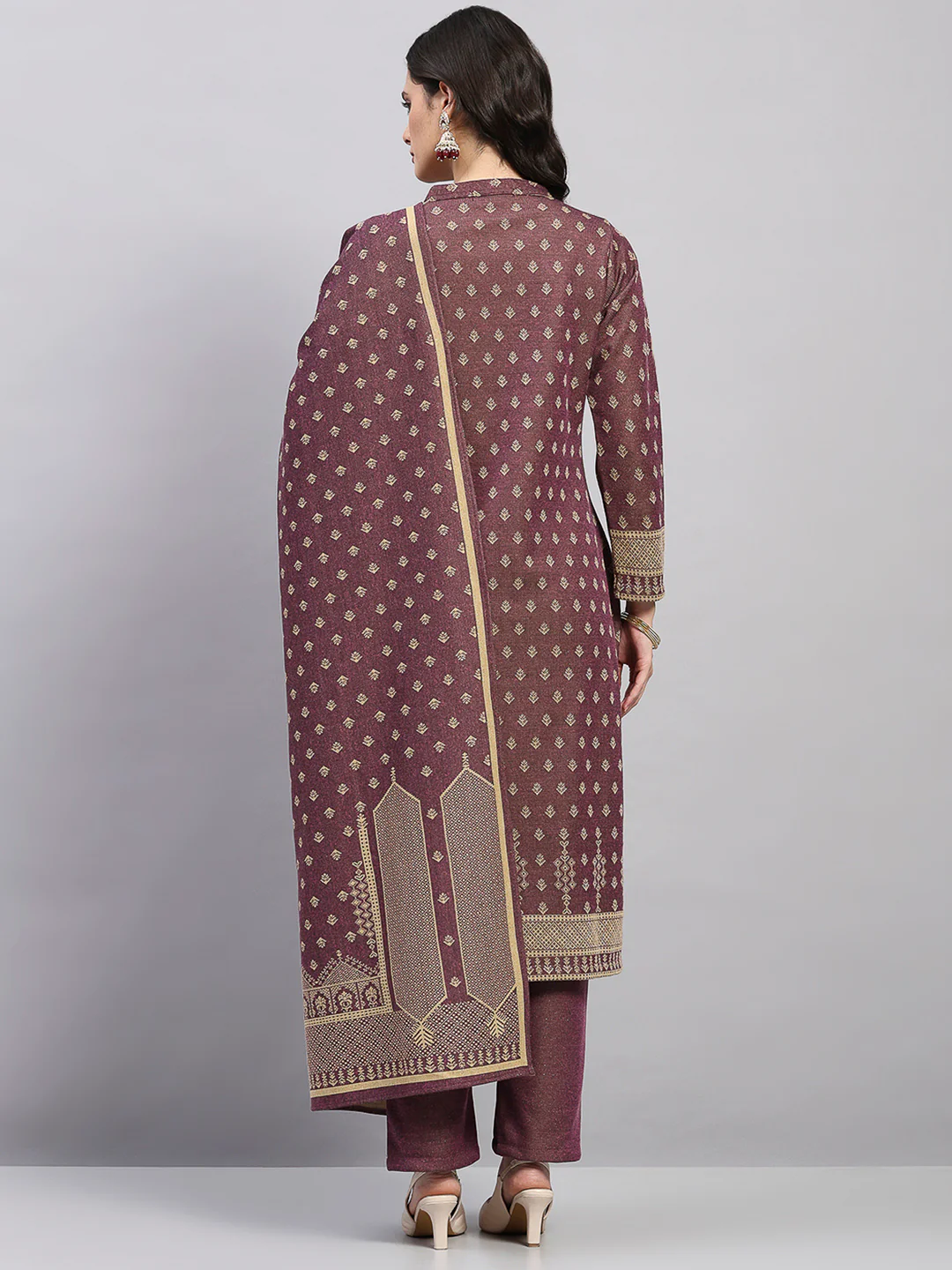 Women Brown Printed Round Neck Full Sleeve 3 Pc Kurti Set for Winter - Image 5
