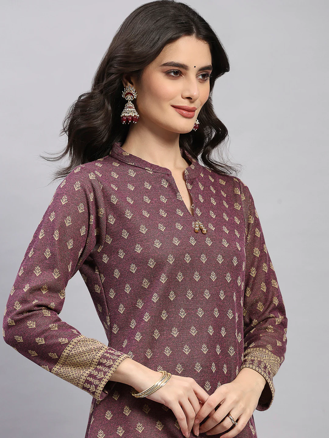 Women Brown Printed Round Neck Full Sleeve 3 Pc Kurti Set for Winter - Image 6