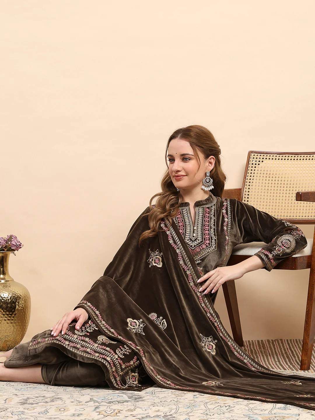 Women Brown Printed Round Neck Full Sleeve 3 Pc Kurti Set for Winter - Image 2