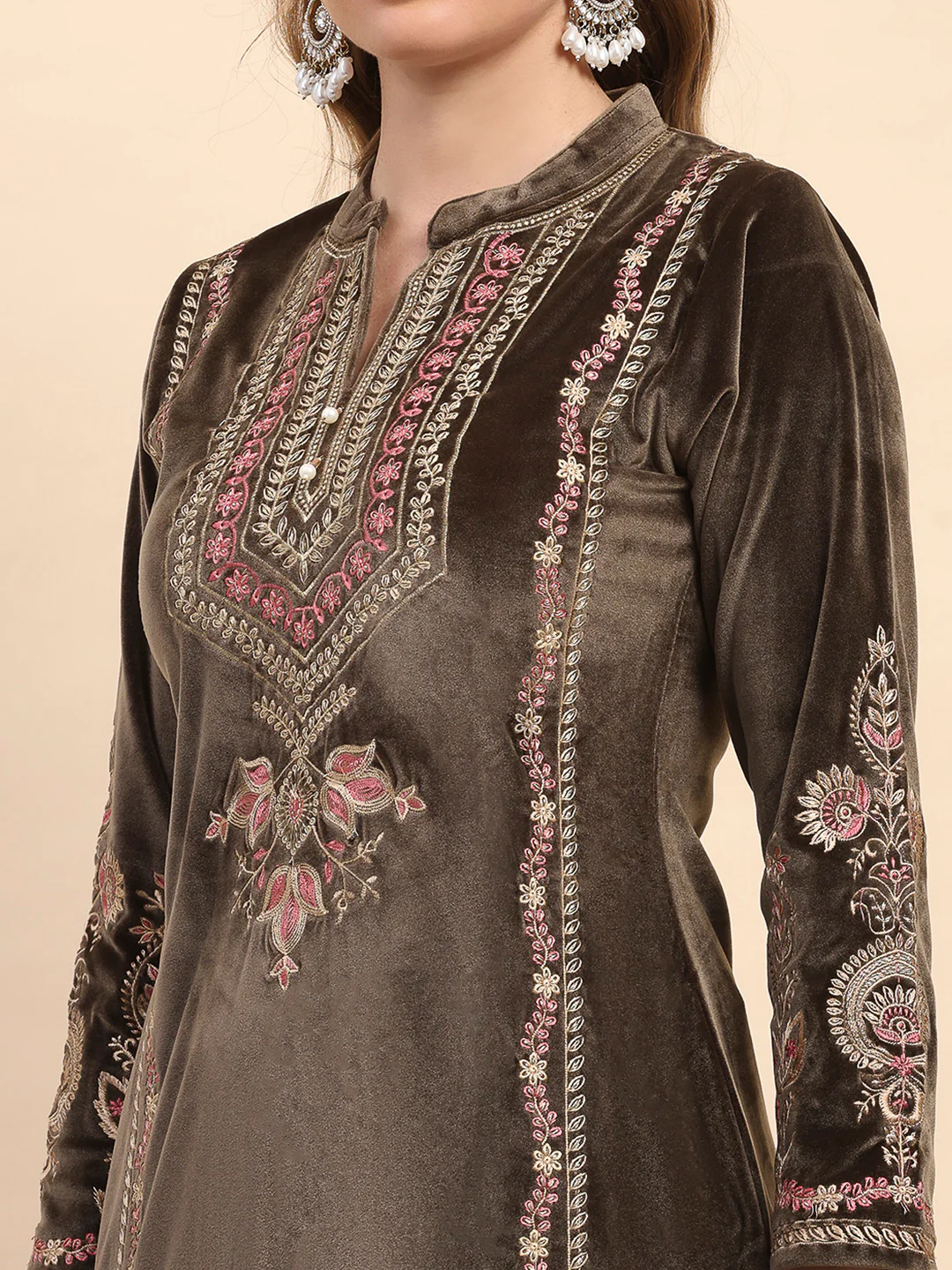 Women Brown Printed Round Neck Full Sleeve 3 Pc Kurti Set for Winter - Image 6