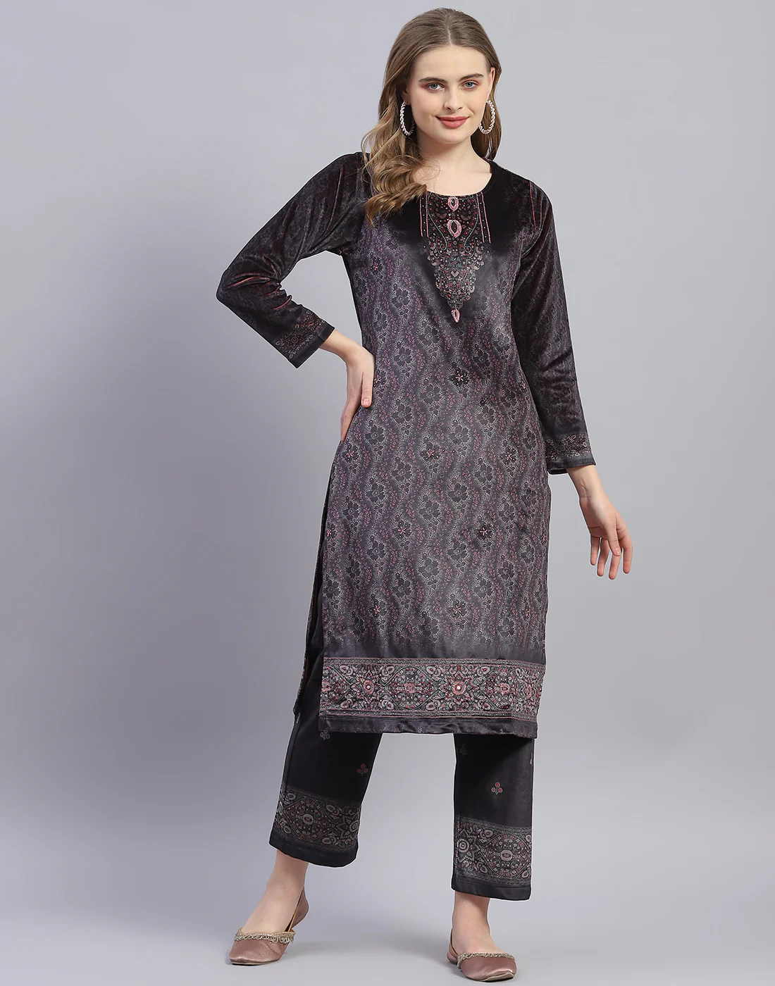 Women Brown Printed Round Neck Full Sleeve Kurti+Lower Set - Image 2