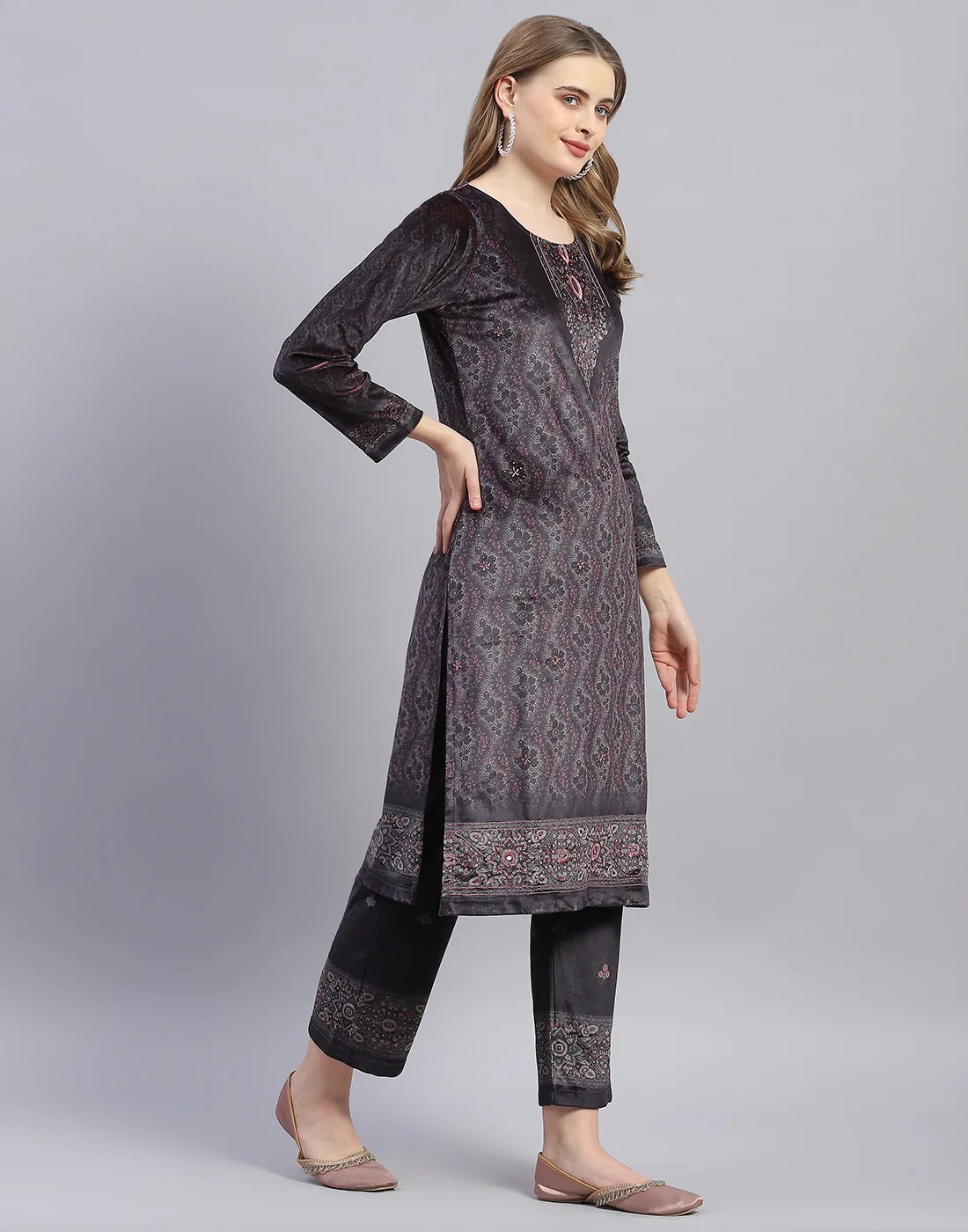 Women Brown Printed Round Neck Full Sleeve Kurti+Lower Set - Image 4