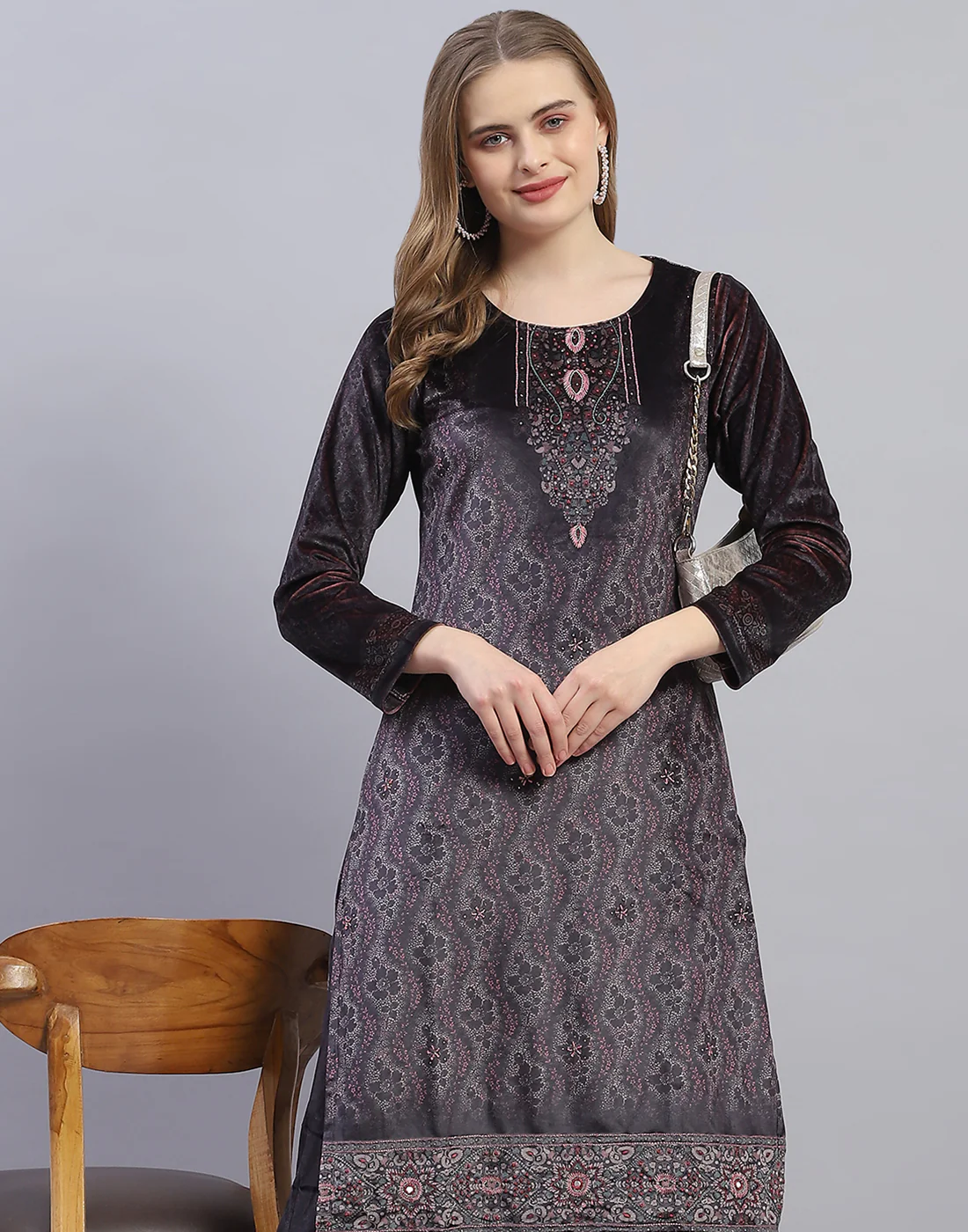 Women Brown Printed Round Neck Full Sleeve Kurti+Lower Set - Image 6