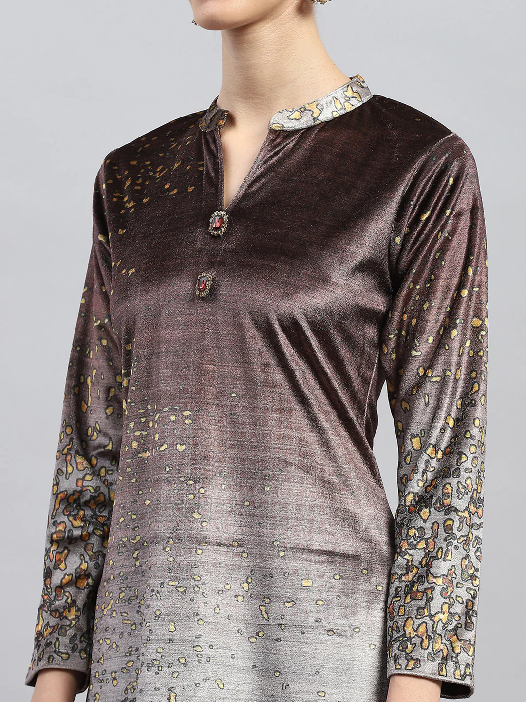 Women Brown Printed Round Neck Full Sleeve Kurti Set - Image 8