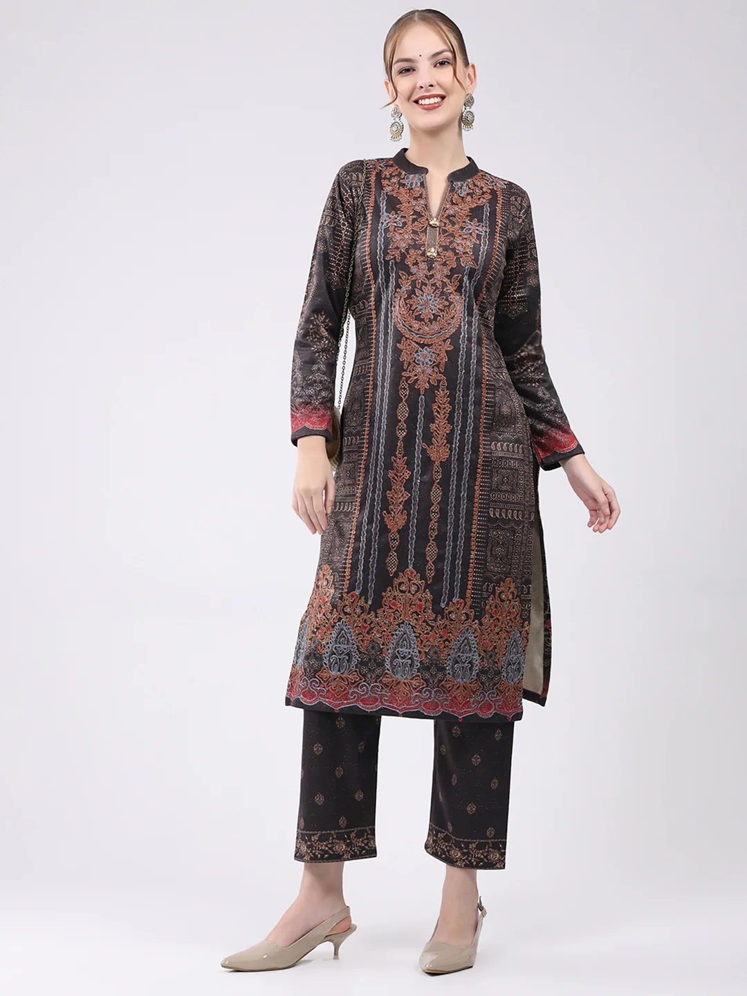 Women Brown Printed Round Neck Full Sleeve Kurti Set for Winter - Image 2