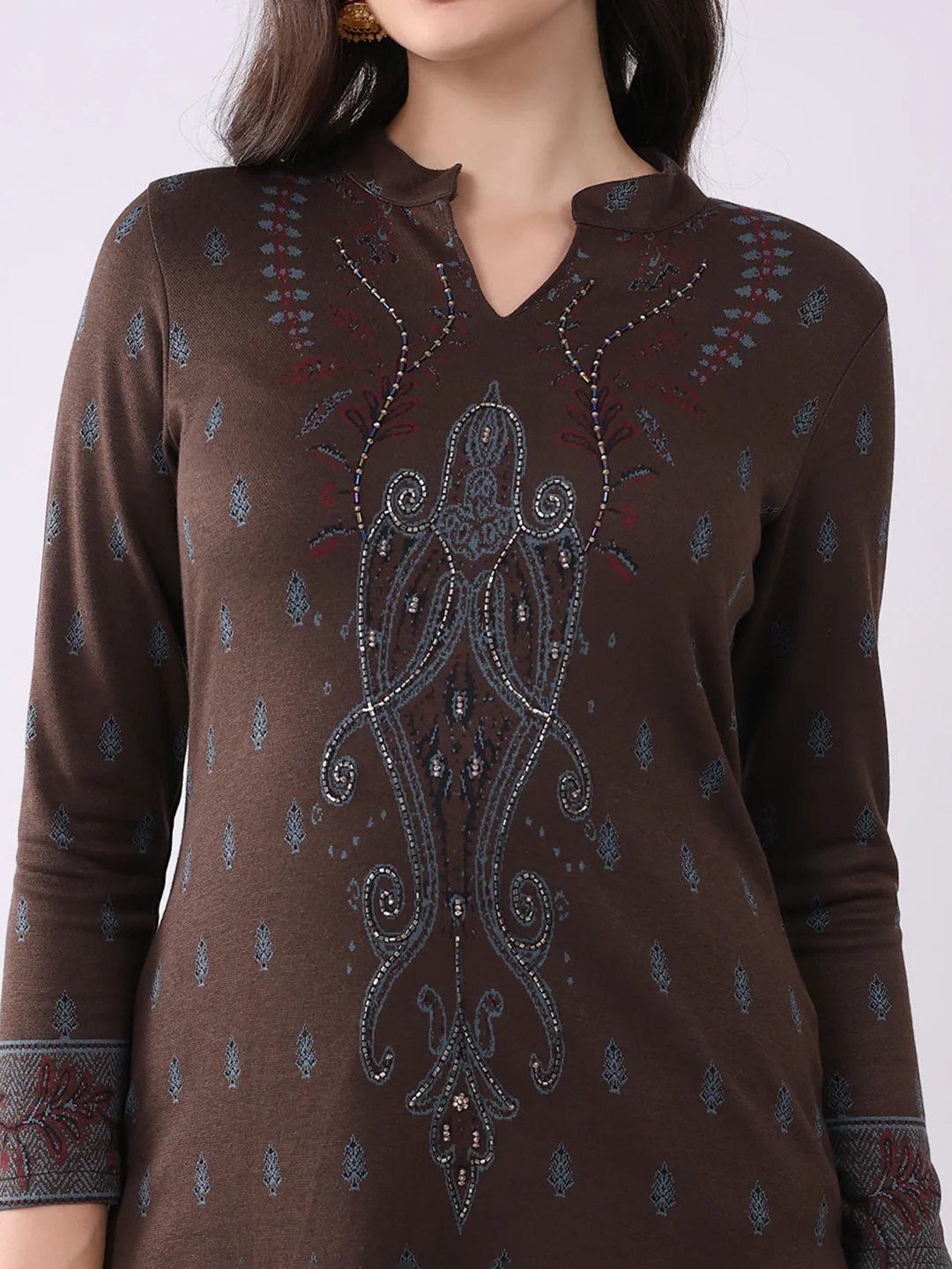Women Brown Printed Round Neck Full Sleeve Kurti Set for Winter - Image 6