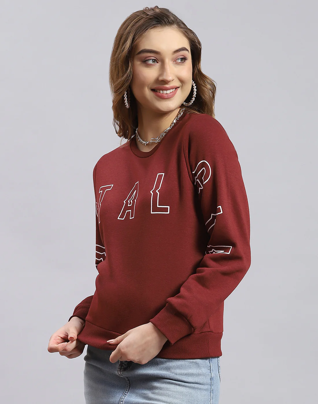 Women Brown Printed Round Neck Full Sleeve Sweatshirt - Image 3
