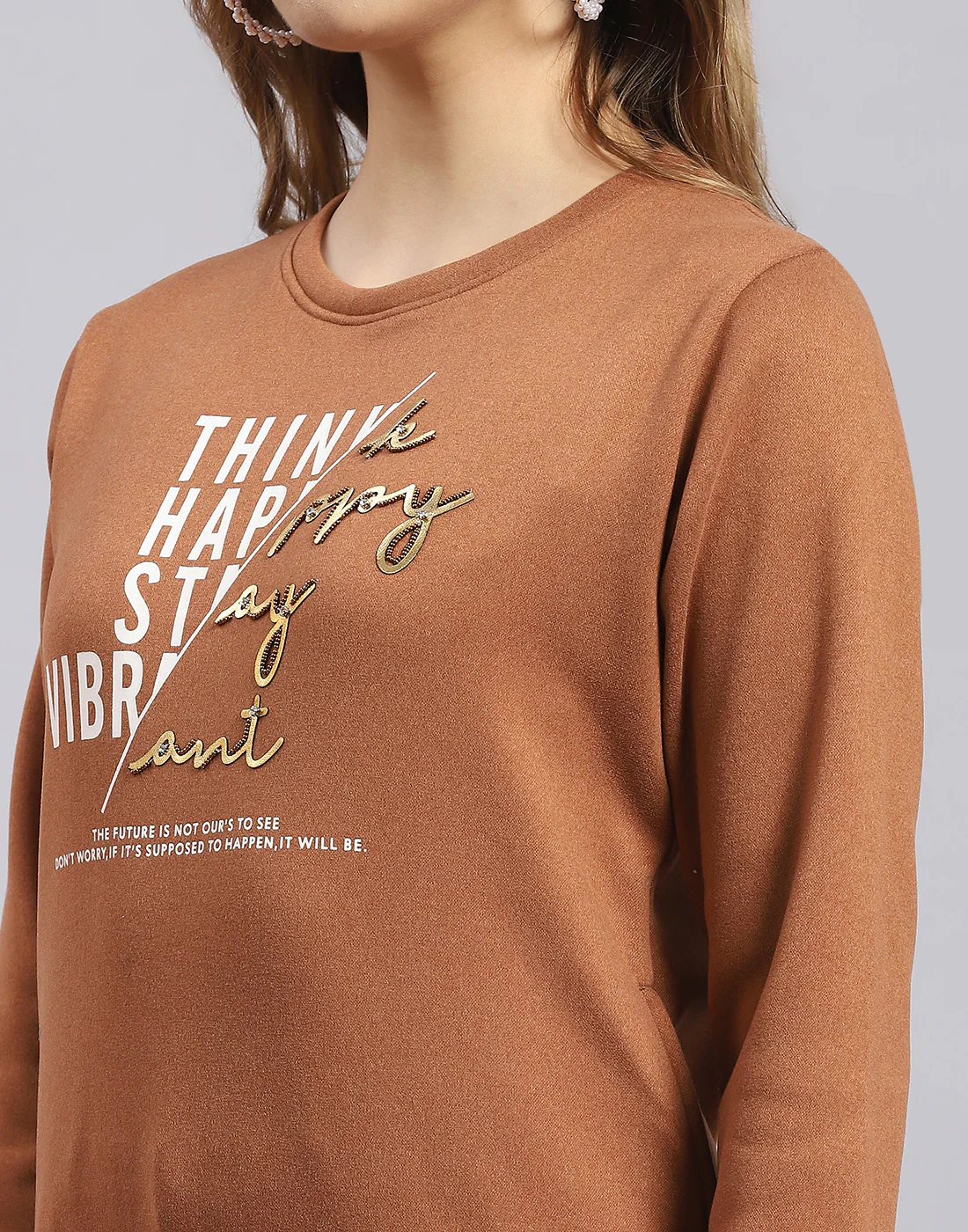 Women Brown Printed Round Neck Full Sleeve Sweatshirt - Image 7
