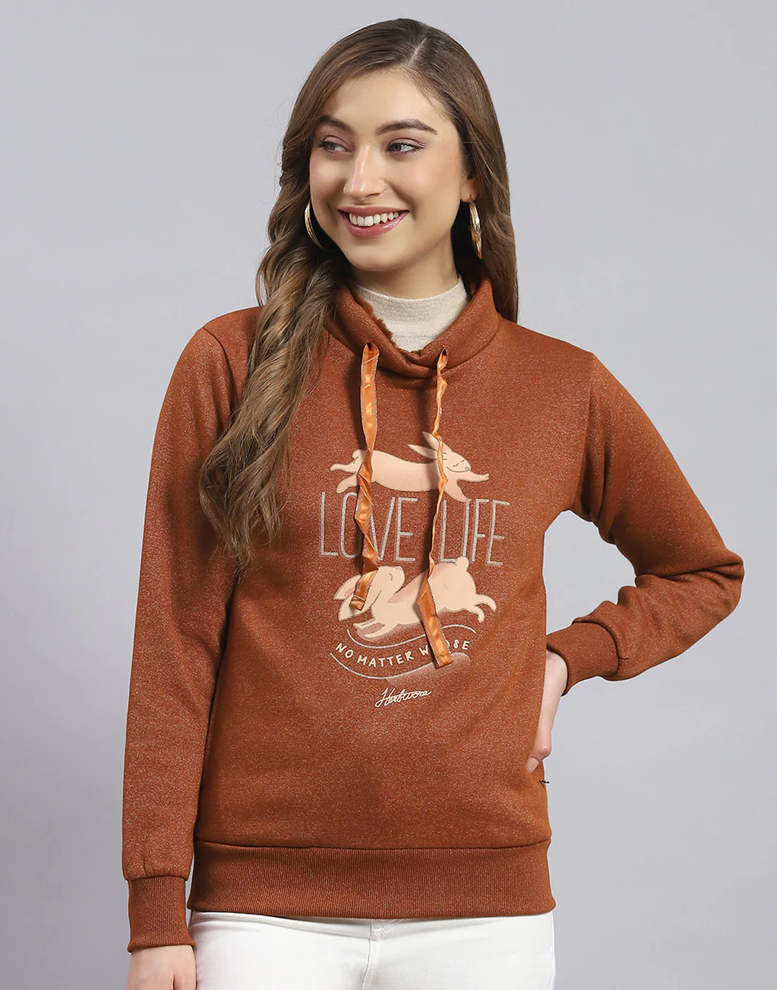 Women Brown Printed Round Neck Full Sleeve Sweatshirt - Image 3