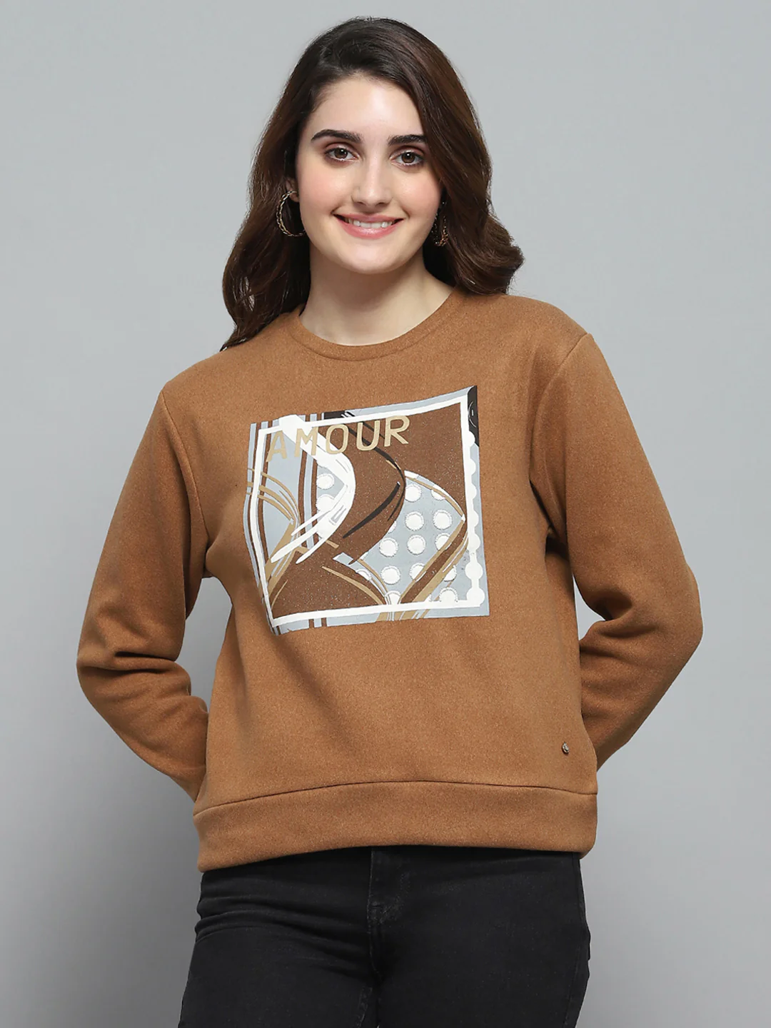 Women Brown Printed Round Neck Full Sleeve Sweatshirt