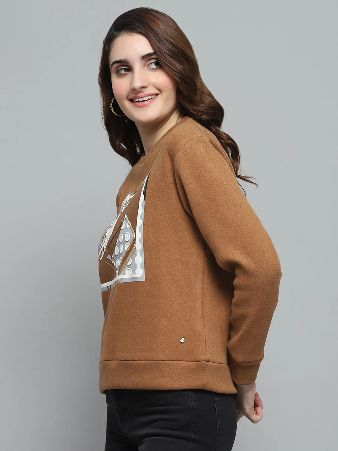 Women Brown Printed Round Neck Full Sleeve Sweatshirt - Image 3