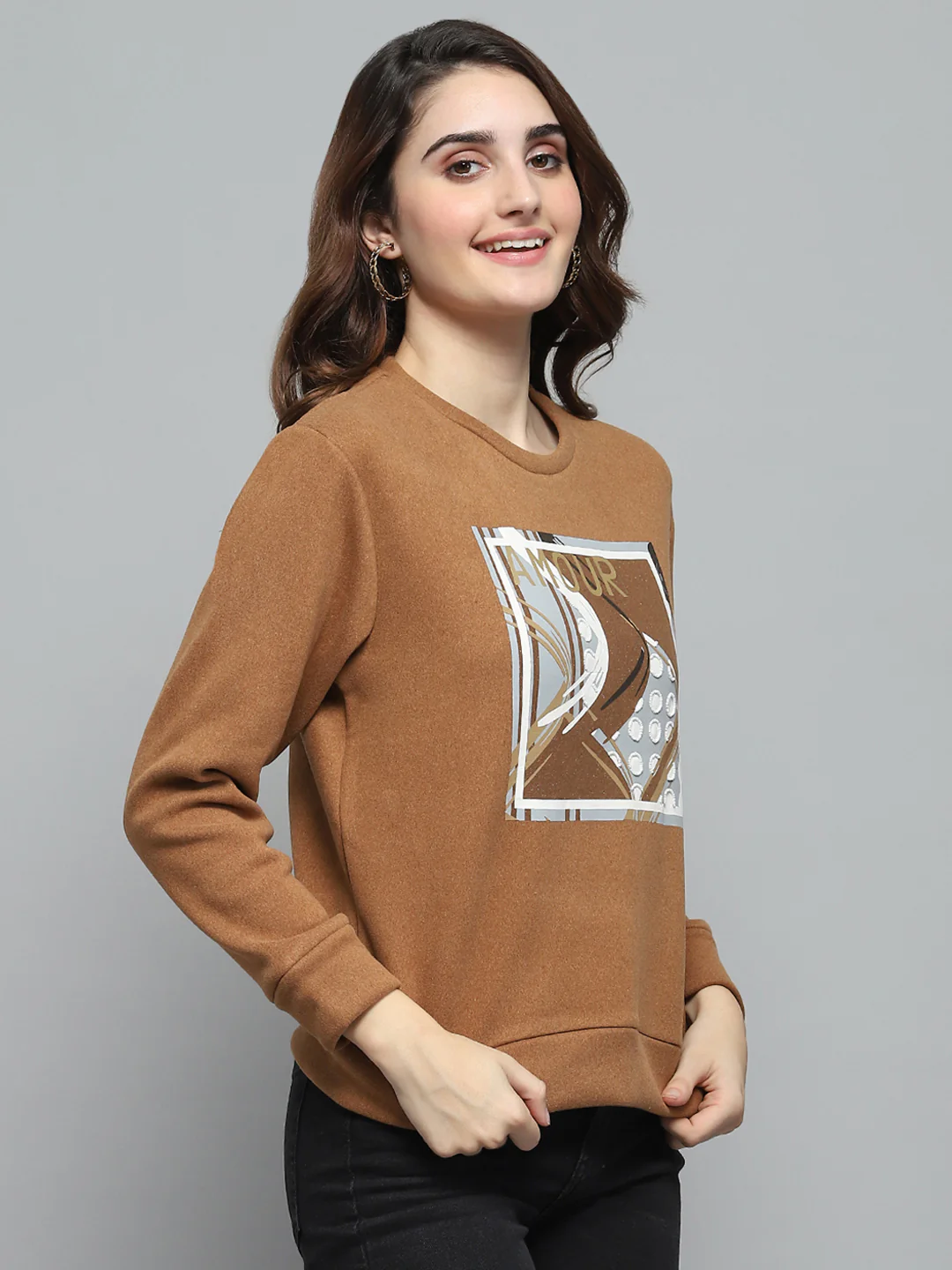Women Brown Printed Round Neck Full Sleeve Sweatshirt - Image 4