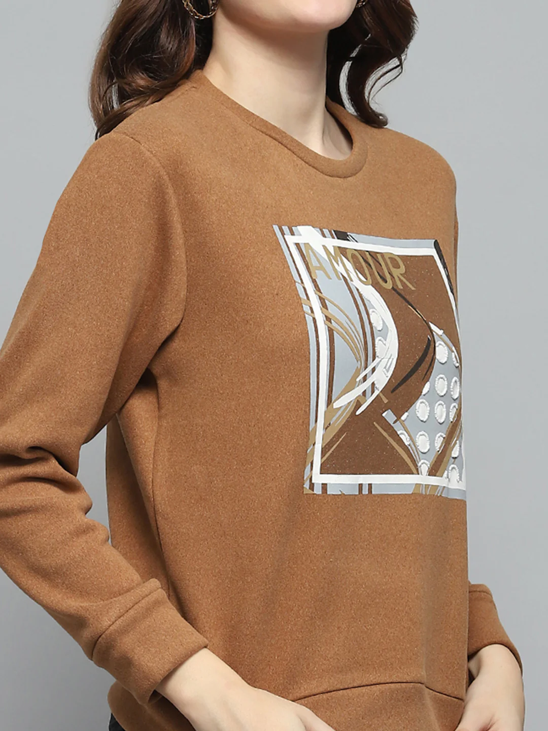 Women Brown Printed Round Neck Full Sleeve Sweatshirt - Image 7