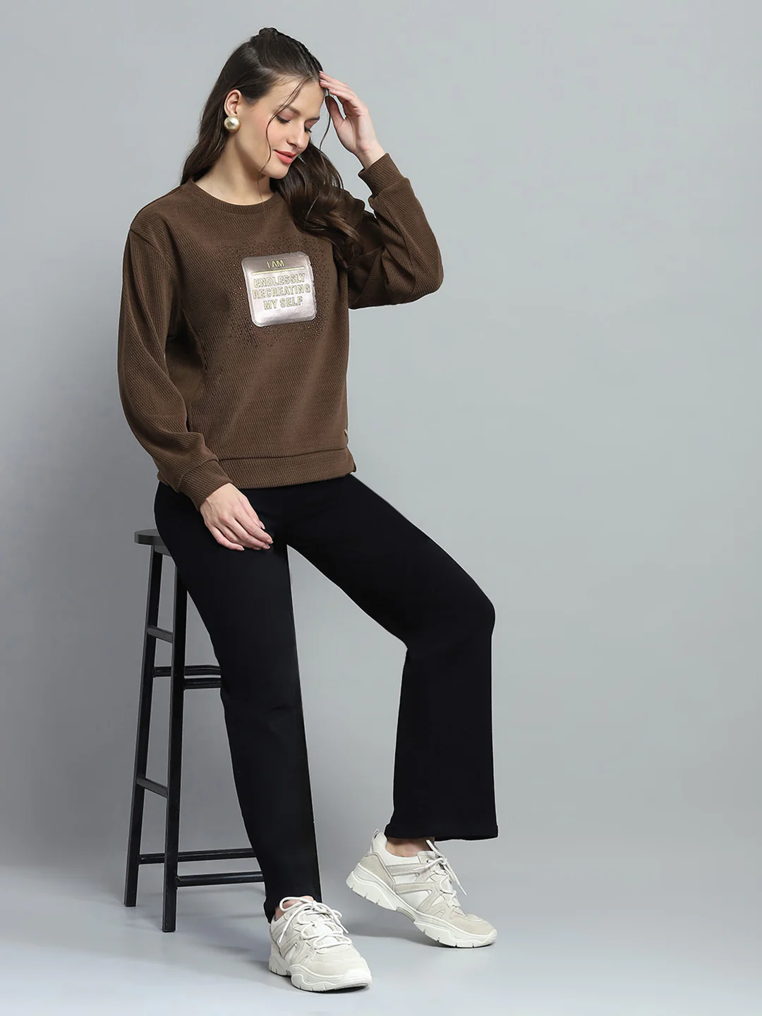 Women Brown Printed Round Neck Full Sleeve Sweatshirt - Image 2