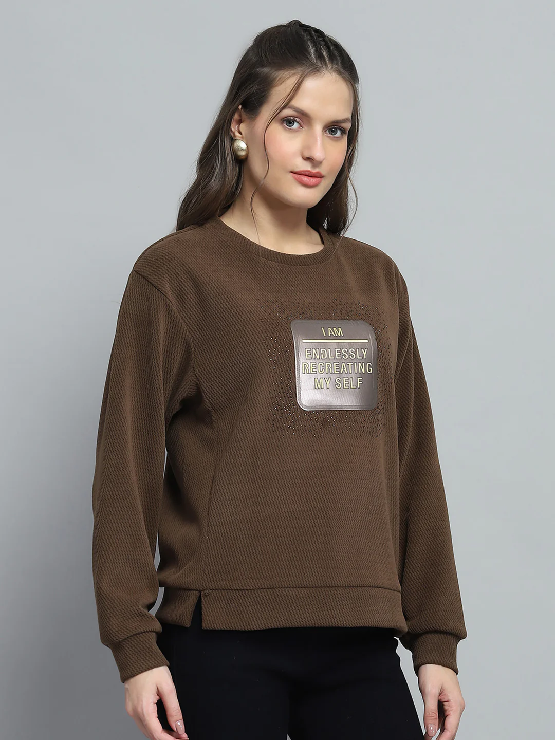 Women Brown Printed Round Neck Full Sleeve Sweatshirt - Image 4
