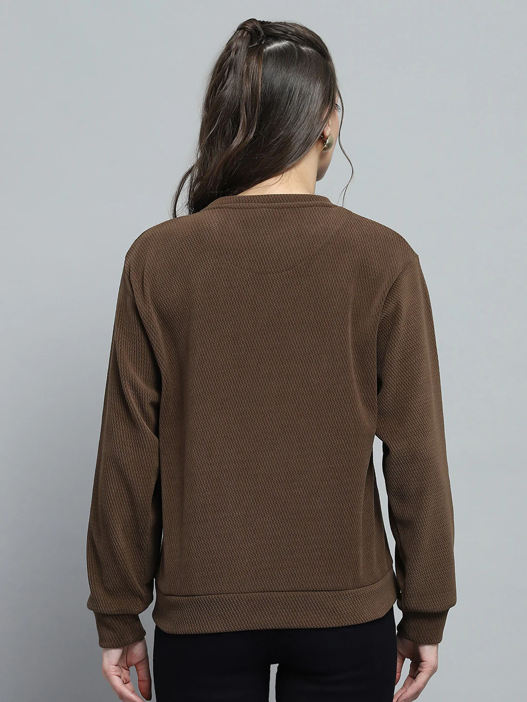 Women Brown Printed Round Neck Full Sleeve Sweatshirt - Image 5