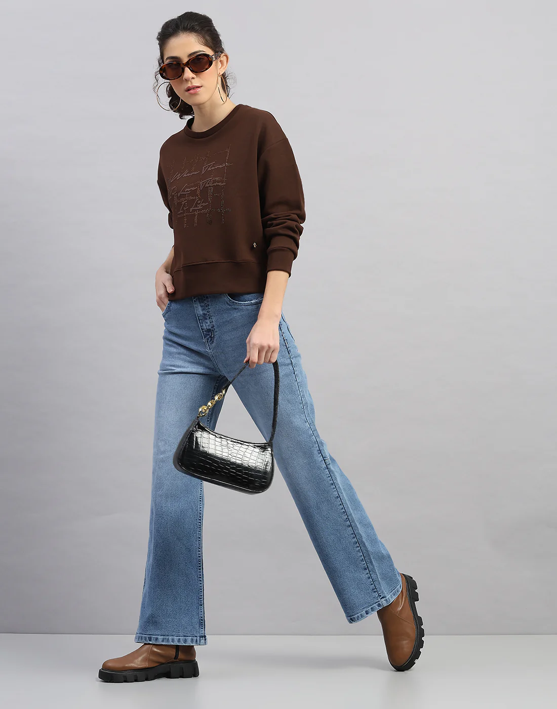 Women Brown Printed Round Neck Full Sleeve Sweatshirt - Image 5