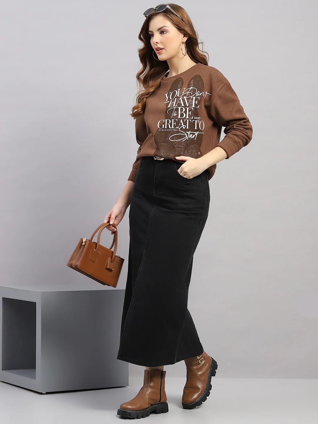 Women Brown Printed Round Neck Full Sleeve Sweatshirt - Image 2