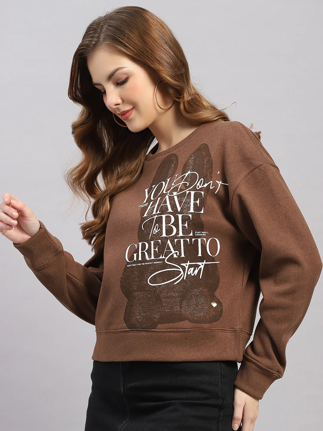 Women Brown Printed Round Neck Full Sleeve Sweatshirt - Image 3